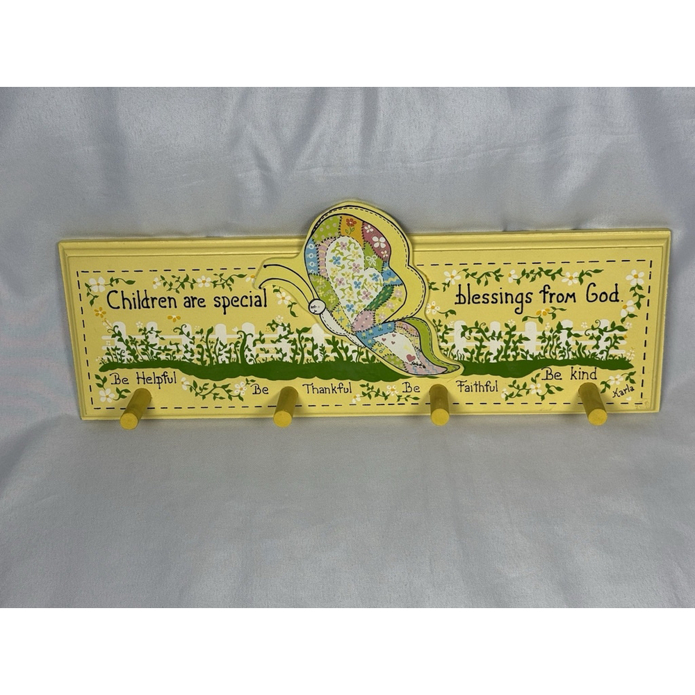 Vintage Homemade Butterfly Yellow Blessing Peg Wall Coat Robe Cap Rack Signed